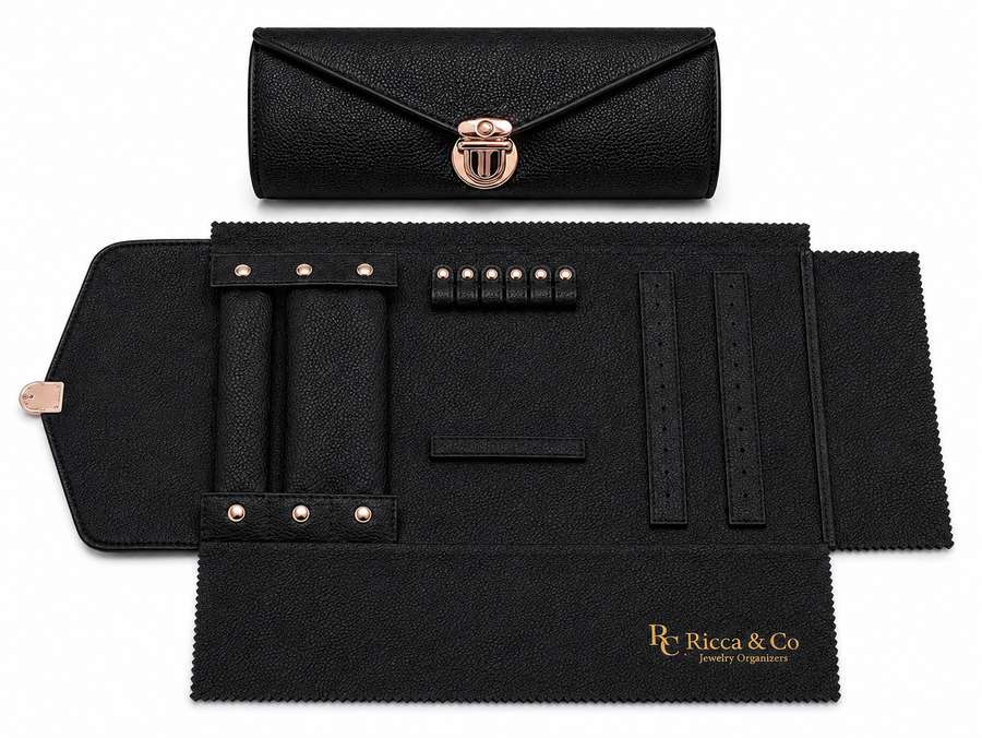 Mini Jewelry Wardrobe Bag | Genuine Black Pebble Leather